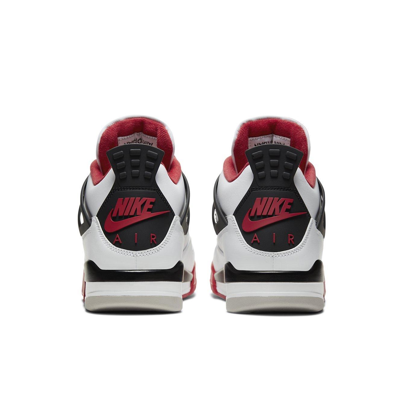 Rear view of Air Jordan 4 Retro Fire Red 2020 featuring Nike Air logo in red.