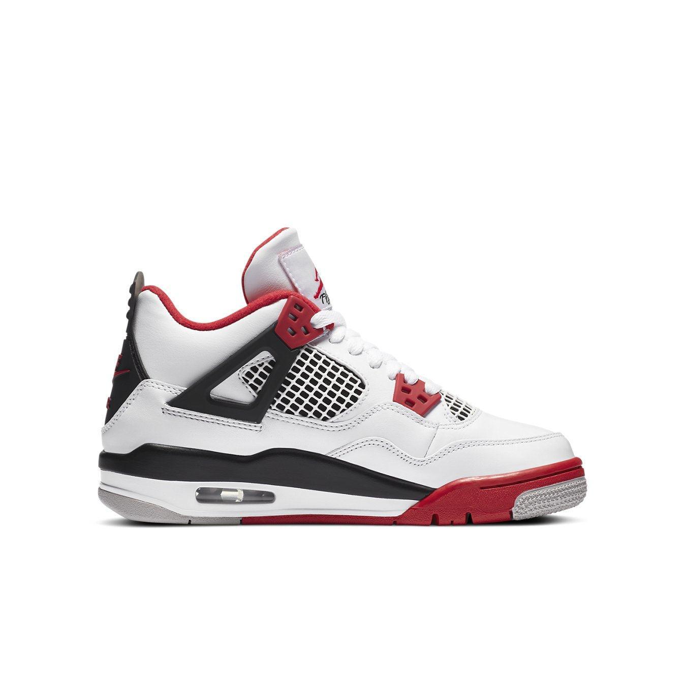 Air Jordan 4 Retro Fire Red 2020 GS, featuring white leather upper with red and black accents.