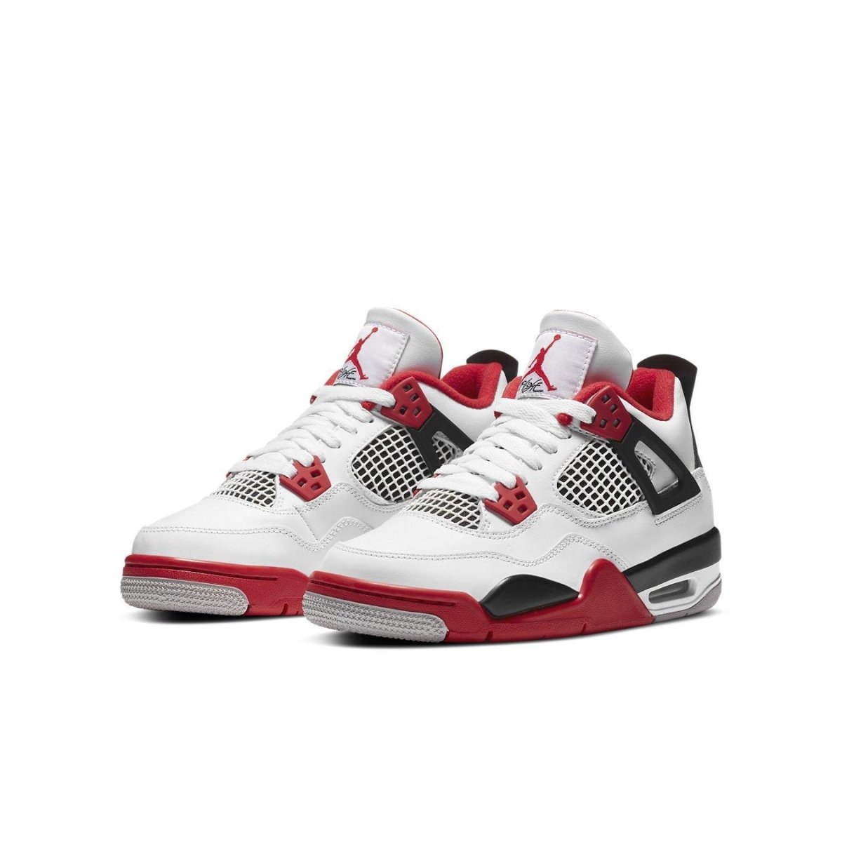 Air Jordan 4 Retro Fire Red 2020 GS, white leather with black and red accents, mid-top sneakers.