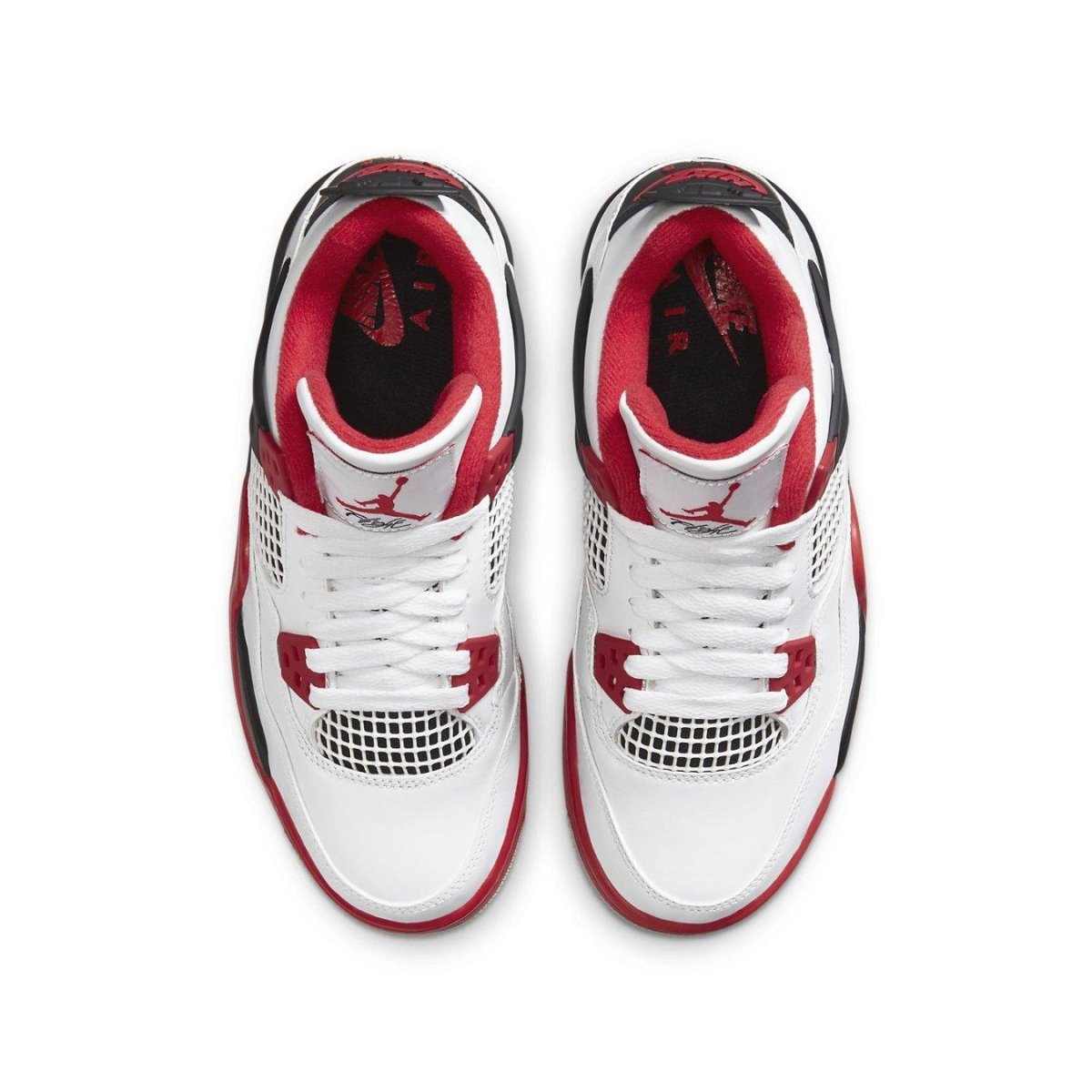 Top view of Air Jordan 4 Retro Fire Red 2020 in white, black, and red with classic design and Nike branding.