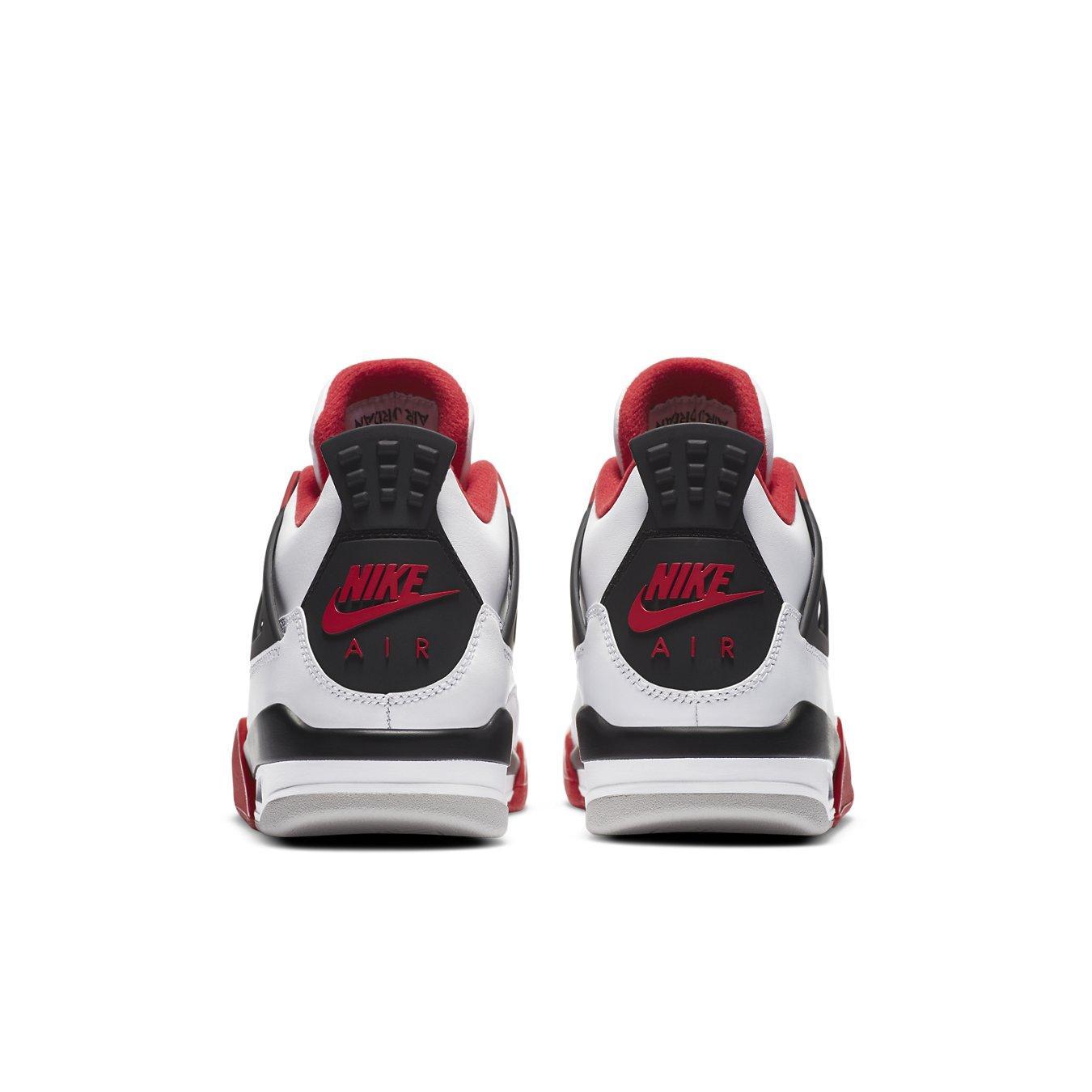 Rear view of Nike Air Jordan 4 Retro Fire Red 2020 sneakers showcasing black and red accents.