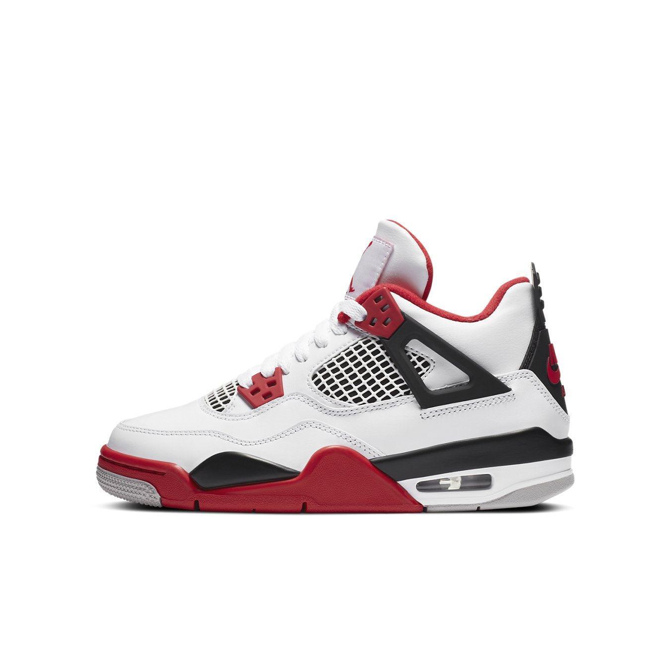 Jordan 4 Retro Fire Red 2020 GS featuring white leather, black and red accents, and iconic Jumpman logo.
