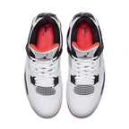 Top view of Air Jordan 4 Retro Flight Nostalgia sneakers in white, black, and Bright Crimson.