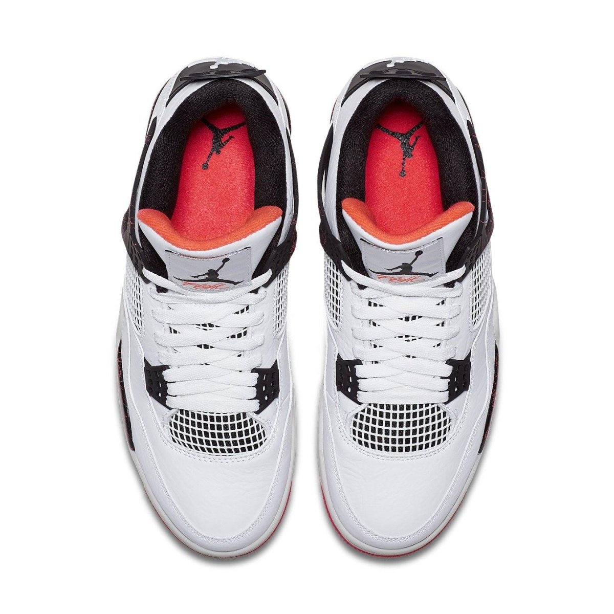 Top view of Air Jordan 4 Retro Flight Nostalgia sneakers in white, black, and Bright Crimson.