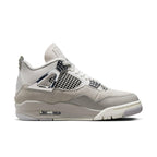 Air Jordan 4 Retro Frozen Moments women's sneakers in light grey suede with metallic silver accents.