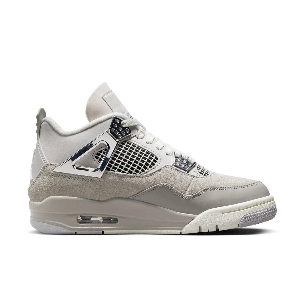 Air Jordan 4 Retro Frozen Moments women's sneakers in light grey suede with metallic silver accents.