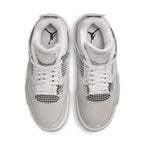 Top view of Air Jordan 4 Retro Frozen Moments women's sneakers with light grey suede and mesh details.