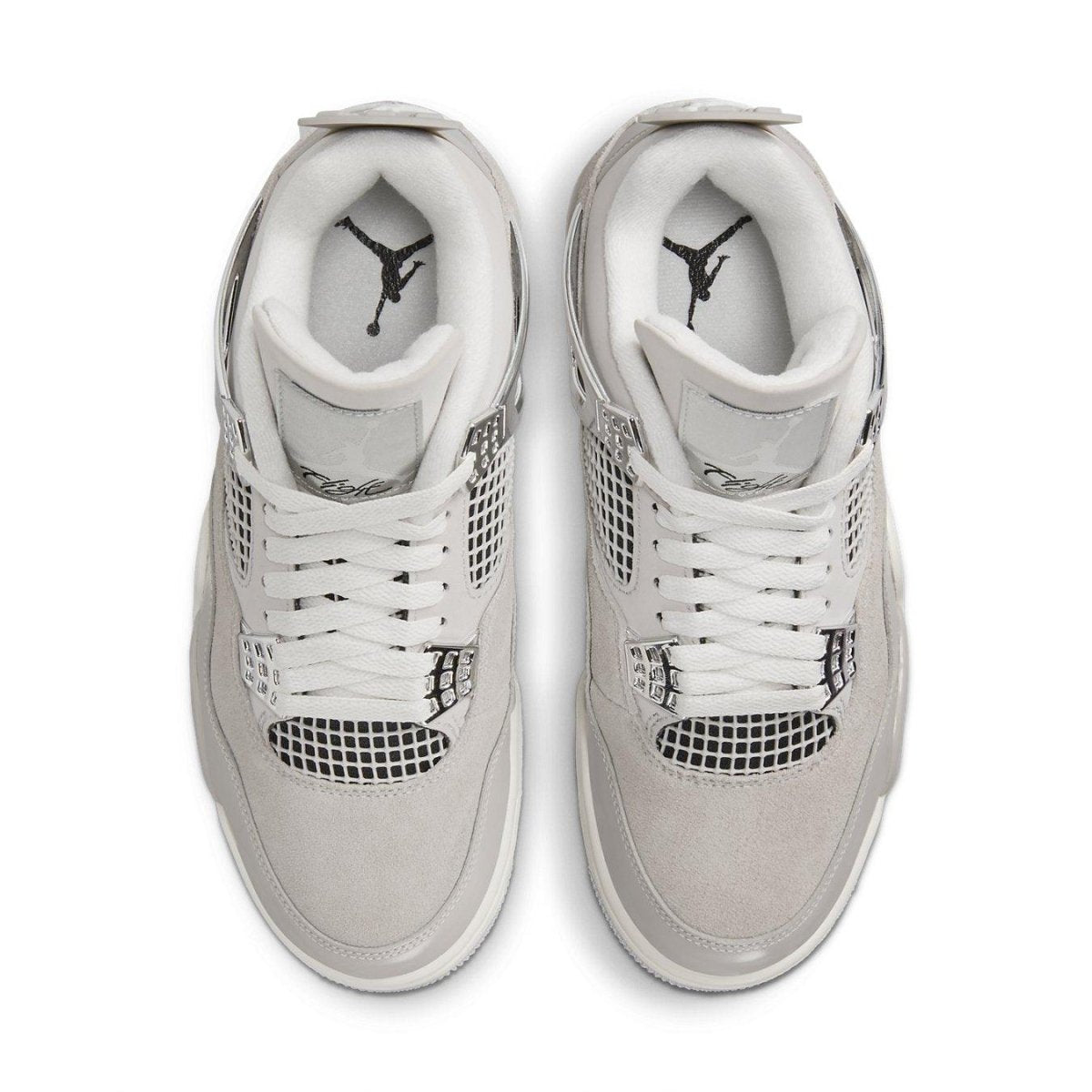 Top view of Air Jordan 4 Retro Frozen Moments women's sneakers with light grey suede and mesh details.