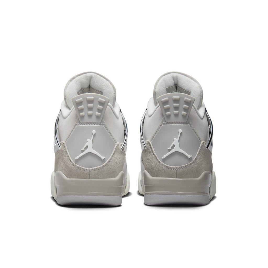 Back view of women's Air Jordan 4 Retro Frozen Moments with gray suede and metallic silver details.