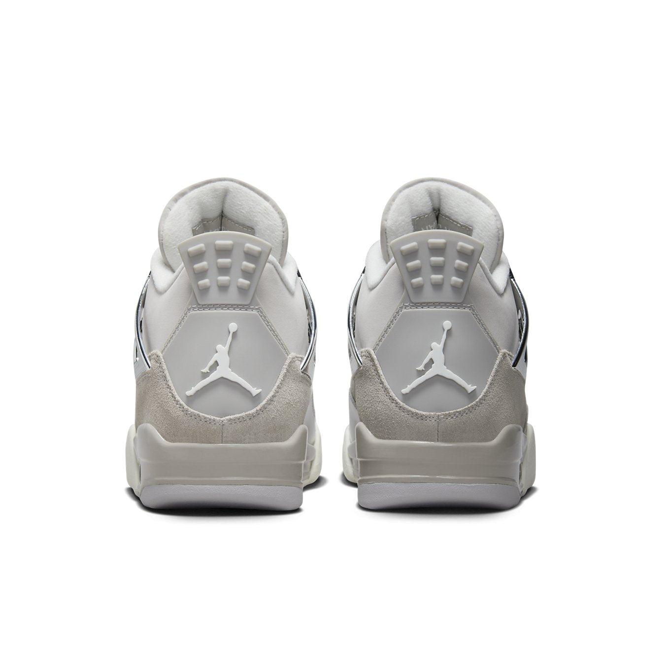 Back view of women's Air Jordan 4 Retro Frozen Moments with gray suede and metallic silver details.
