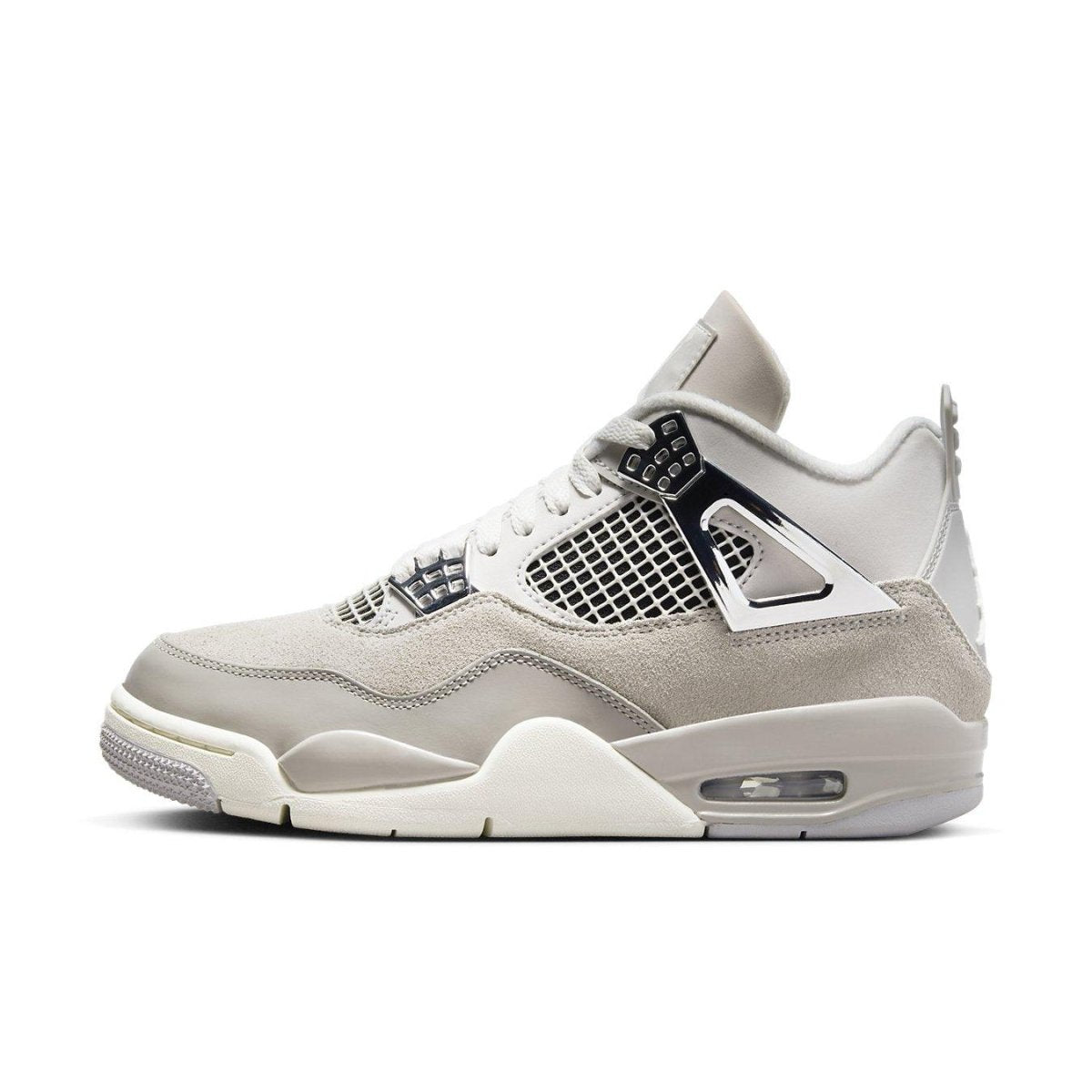 Air Jordan 4 Retro Frozen Moments women's sneakers in light grey suede with metallic silver accents.