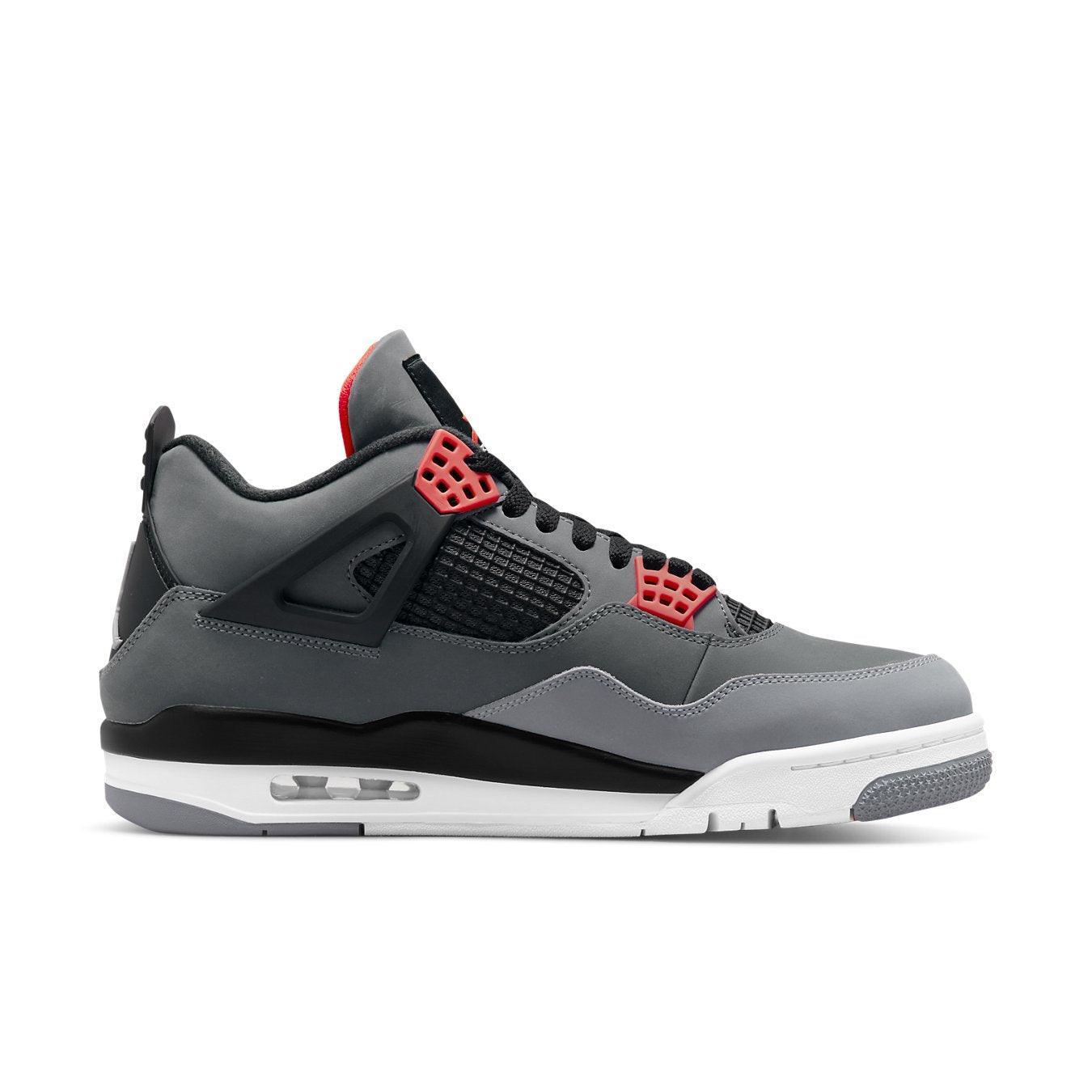 Air Jordan 4 Retro Infrared sneakers in grey nubuck with black accents and red highlights, showcasing stylish design.