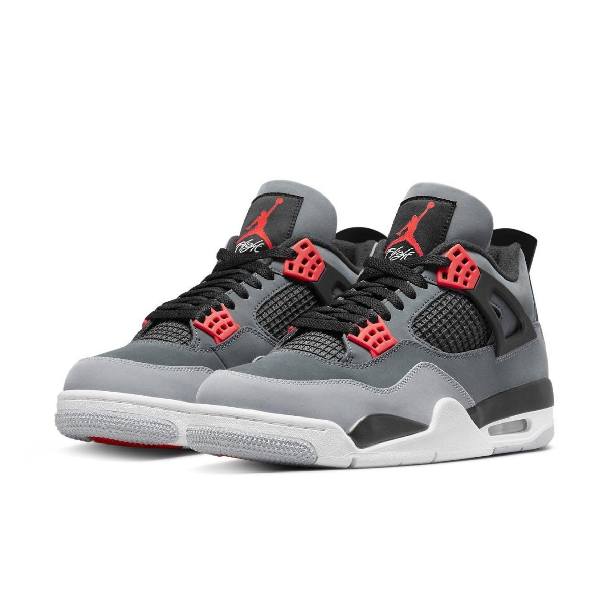 Air Jordan 4 Retro Infrared sneakers with gray nubuck upper, red accents, and black highlights for a stylish look.