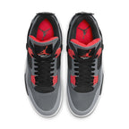 Air Jordan 4 Retro Infrared sneakers featuring smooth anthracite nubuck, gray overlays, and striking red accents.
