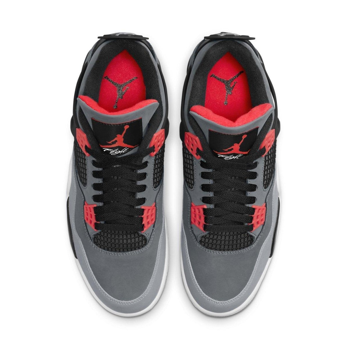 Air Jordan 4 Retro Infrared sneakers featuring smooth anthracite nubuck, gray overlays, and striking red accents.