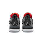 Rear view of Air Jordan 4 Retro Infrared sneakers showcasing sleek black and grey design with red accents.