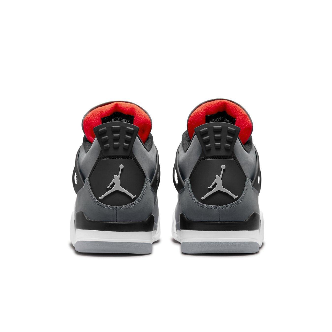Rear view of Air Jordan 4 Retro Infrared sneakers showcasing sleek black and grey design with red accents.