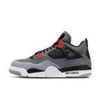Air Jordan 4 Retro Infrared sneaker in grey and black with red accents, featuring smooth nubuck upper and structural design.