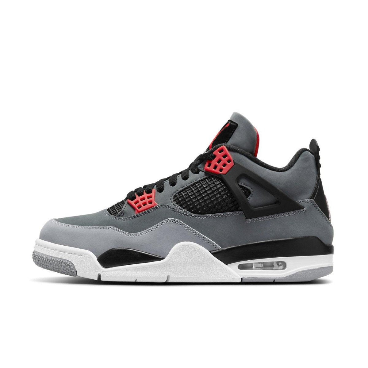 Air Jordan 4 Retro Infrared sneaker in grey and black with red accents, featuring smooth nubuck upper and structural design.