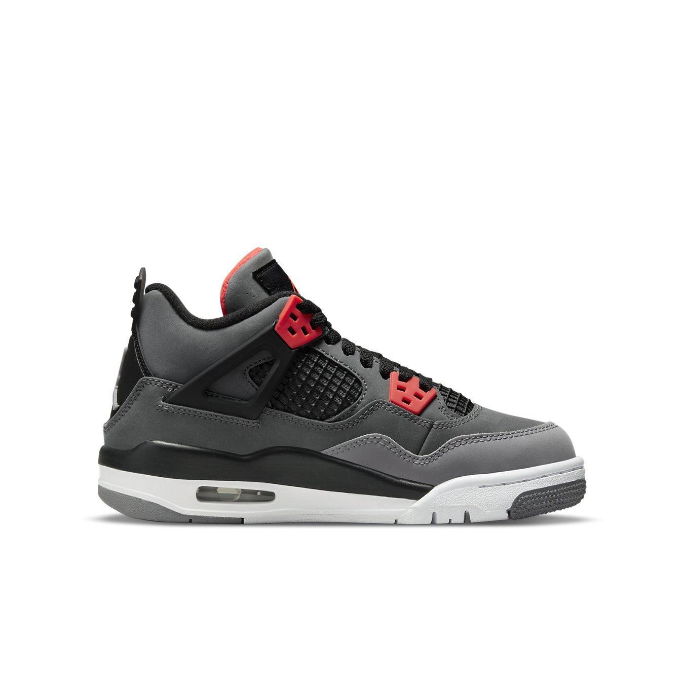 Air Jordan 4 Retro Infrared GS sneakers in gray, black, and red with unique design elements and retro style.