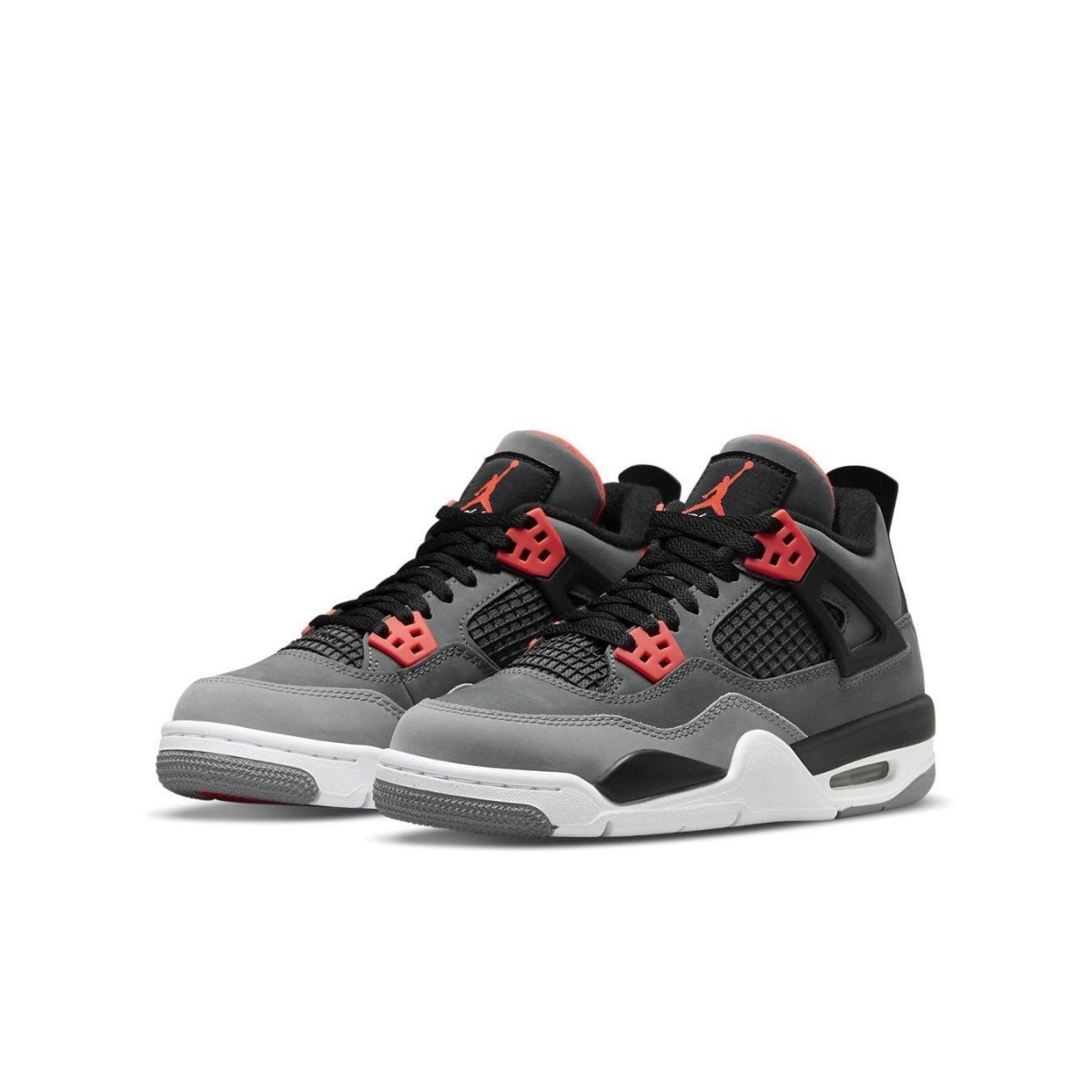 Air Jordan 4 Retro Infrared GS sneakers in dark gray with black and red accents, featuring iconic design elements.