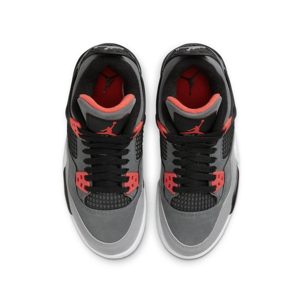 Air Jordan 4 Retro GS Infrared top view featuring grey nubuck, black accents, and bright red details.