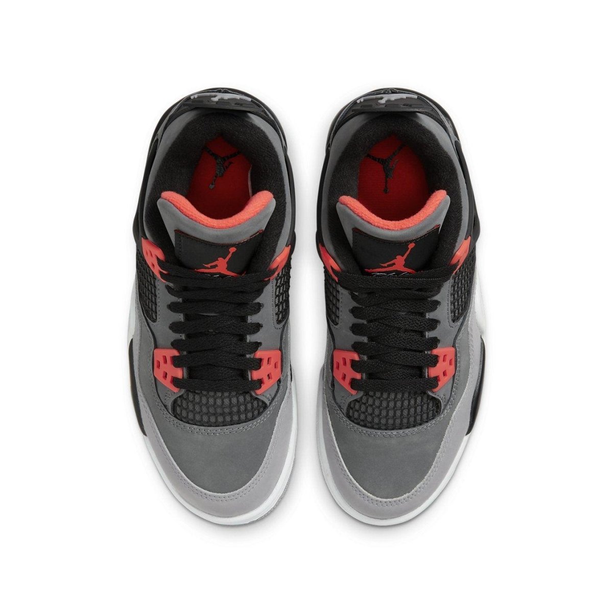 Air Jordan 4 Retro GS Infrared top view featuring grey nubuck, black accents, and bright red details.