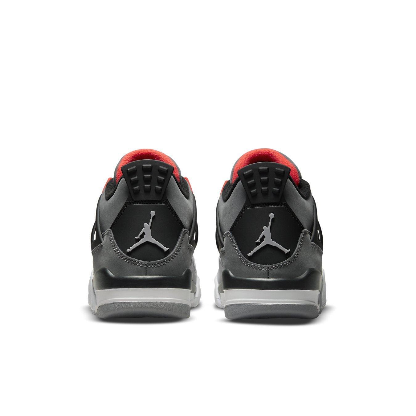 Rear view of Jordan 4 Retro Infrared (GS) showing the black and gray design with red accents and Jumpman logo.