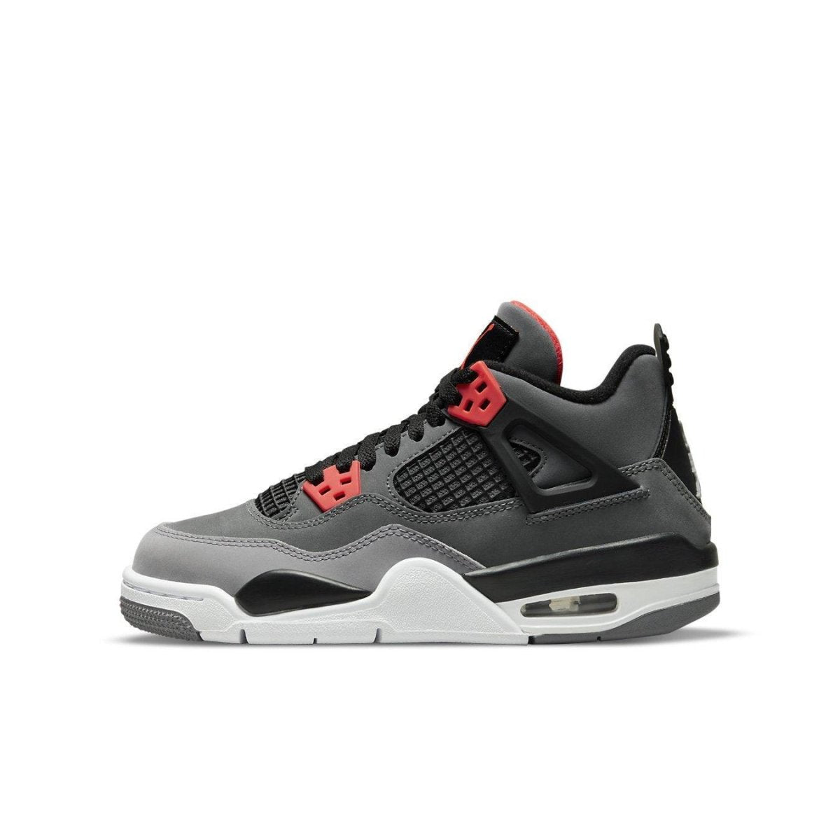 Air Jordan 4 Retro Infrared GS sneakers in gray, black, and infrared accents, perfect for older kids.