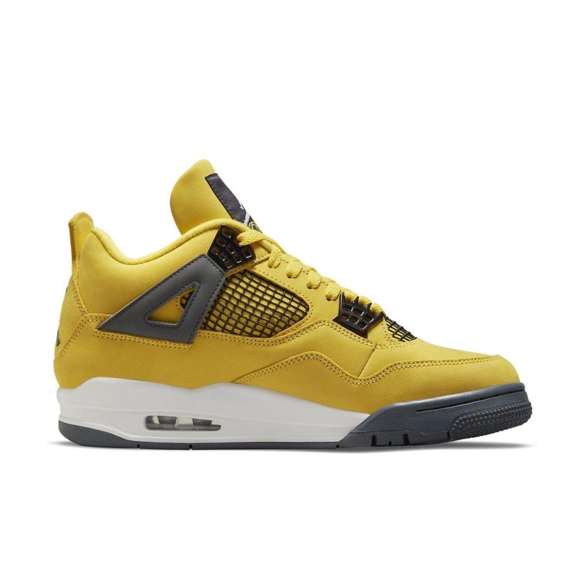 Air Jordan 4 Retro Lightning (2021) in Tour Yellow with Dark Blue Grey accents and white midsole.
