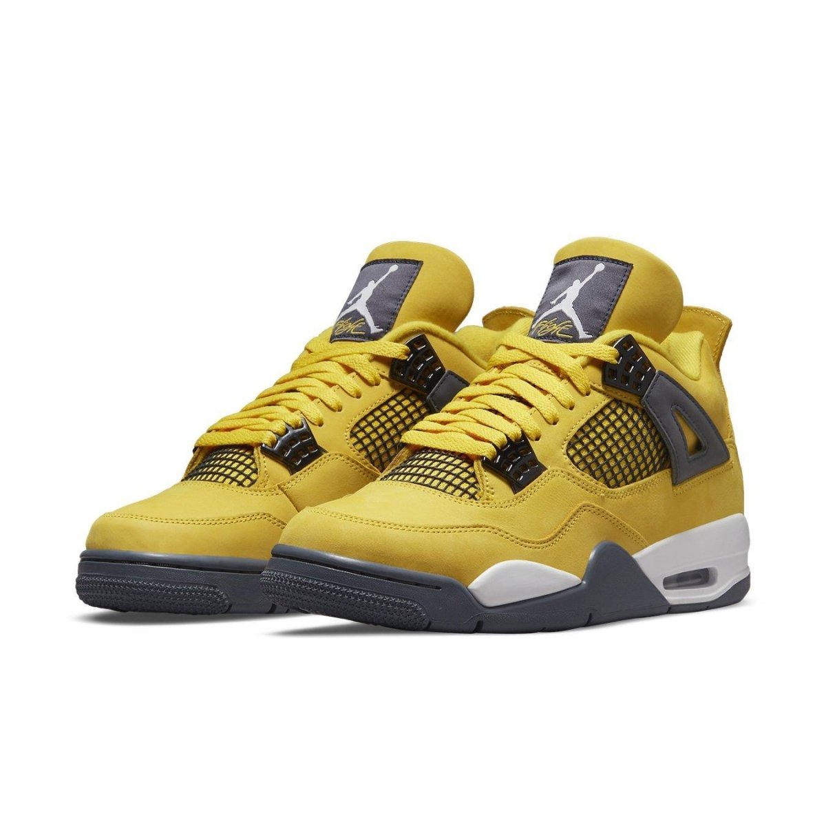 Air Jordan 4 Retro Lightning (2021) sneakers in Tour Yellow with Dark Blue Grey accents.