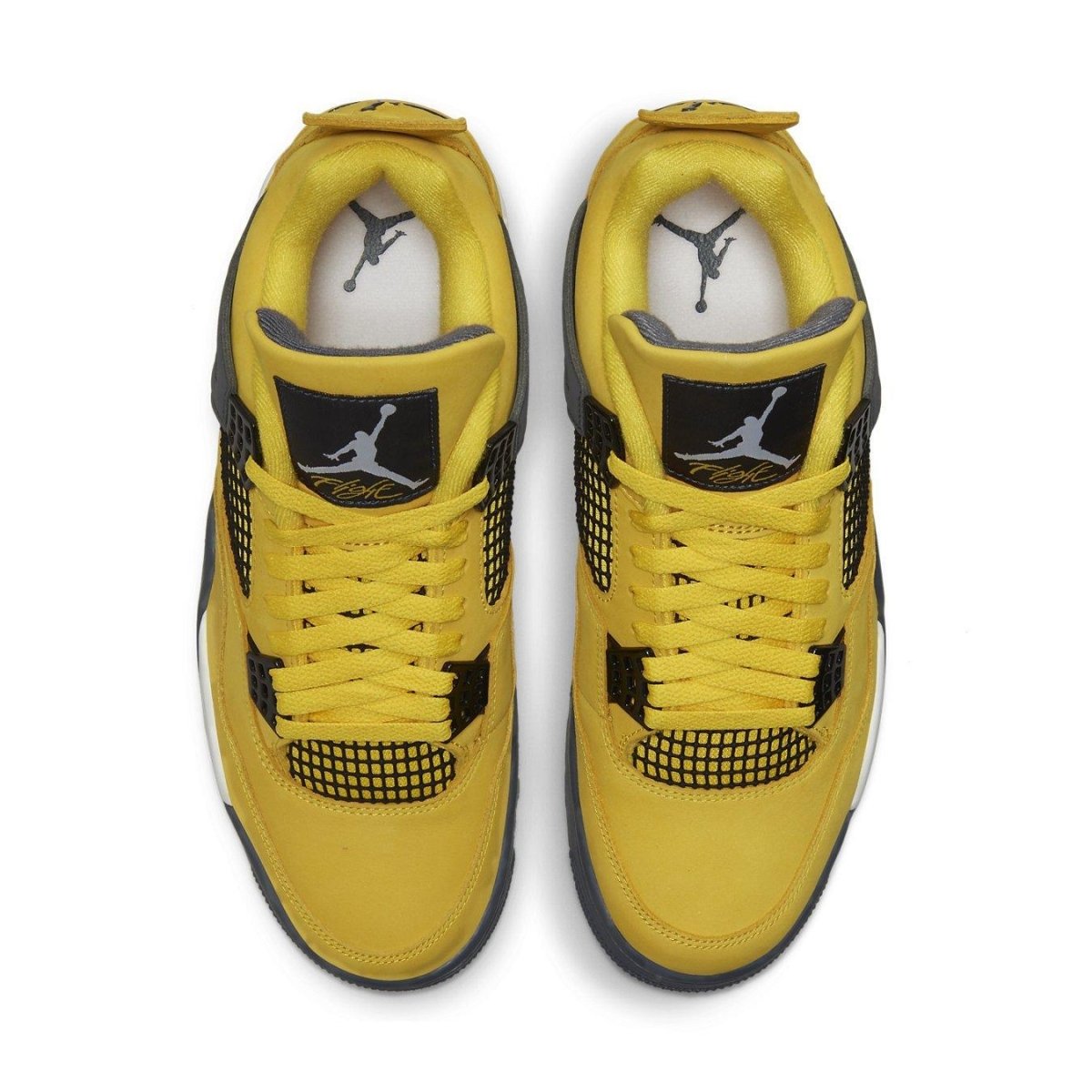 Air Jordan 4 Retro Lightning shoes in Tour Yellow with Dark Blue Grey accents and white sole, top view.