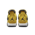 Air Jordan 4 Retro Lightning 2021 rear view showcasing Tour Yellow and Dark Blue Grey accents.