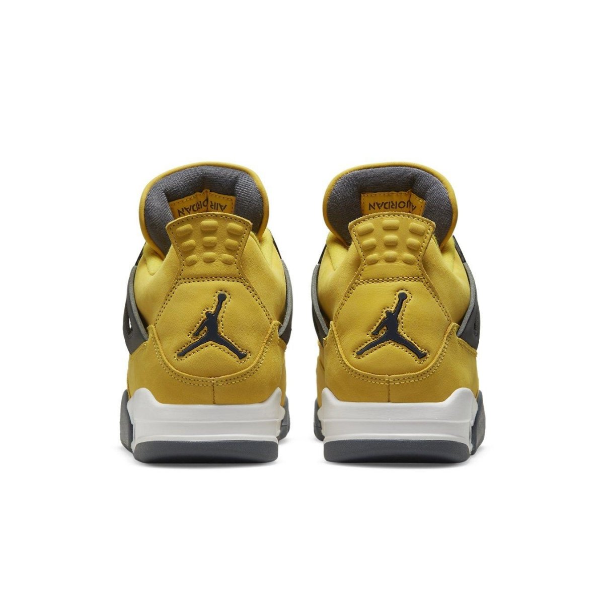 Air Jordan 4 Retro Lightning 2021 rear view showcasing Tour Yellow and Dark Blue Grey accents.