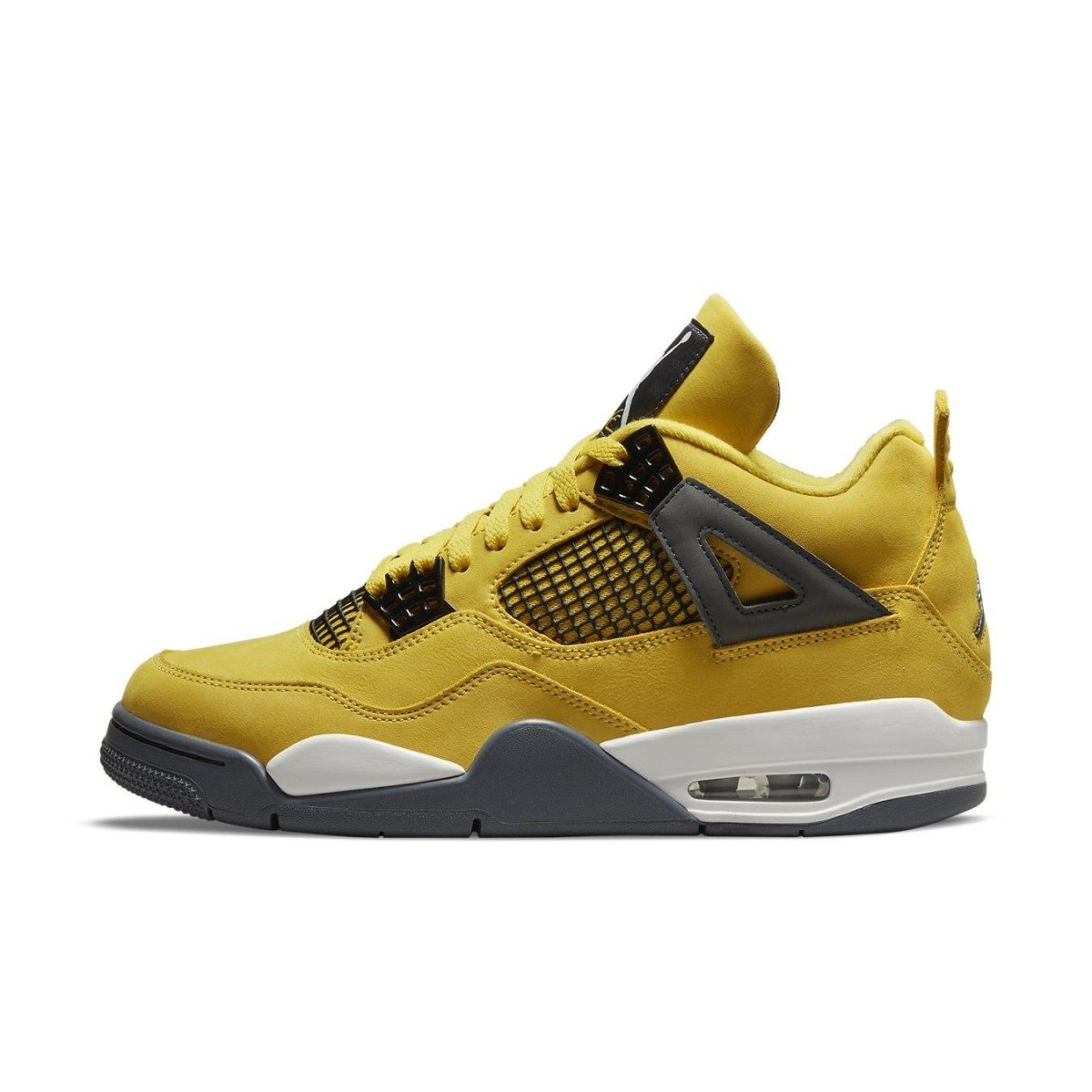 Air Jordan 4 Retro Lightning (2021) in Tour Yellow and Dark Blue Grey side view.