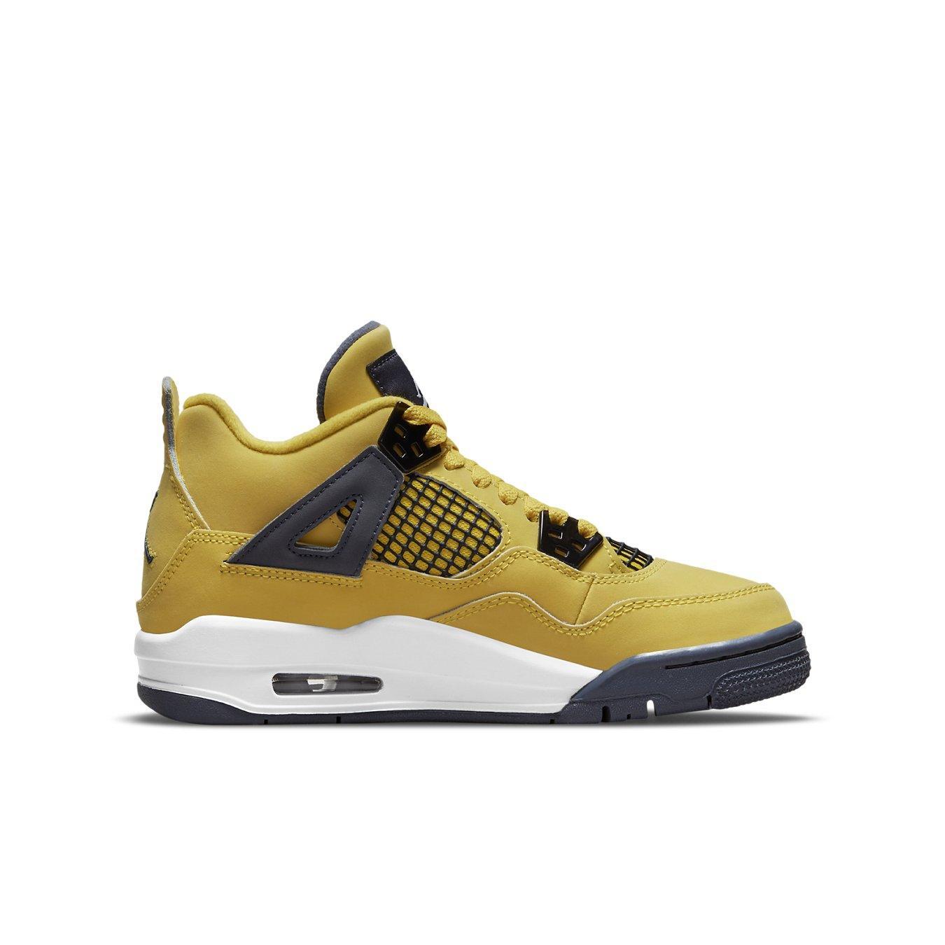 Jordan 4 Retro Lightning (2021) GS sneaker in bright yellow and black side view.