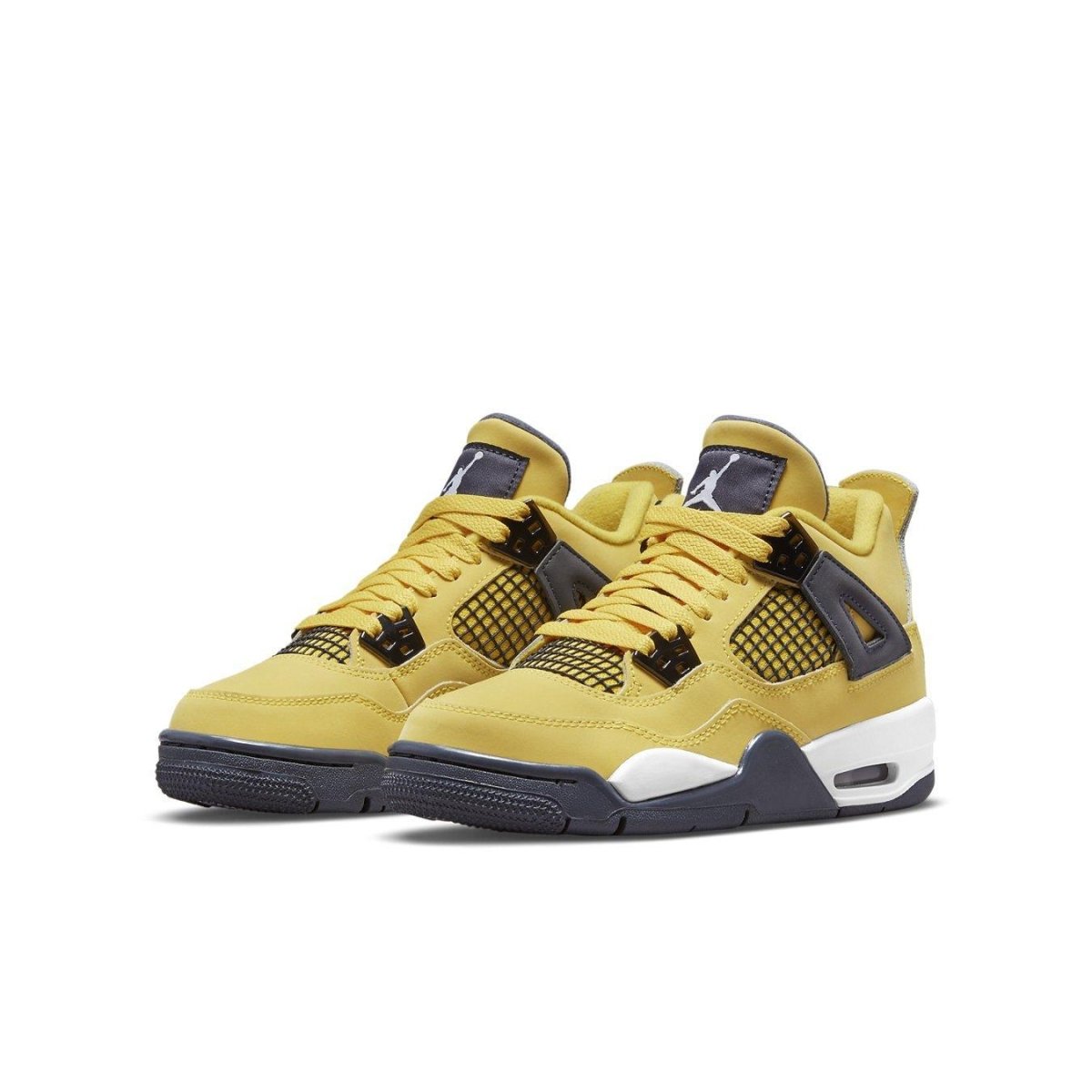 Air Jordan 4 Retro Lightning 2021 in vibrant yellow and black, showcasing a mid-top design for kids.