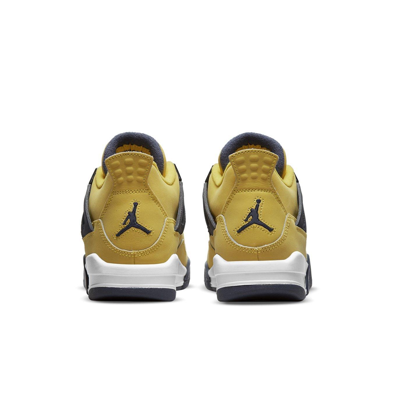 Back view of Air Jordan 4 Retro Lightning (2021) showing vibrant yellow and gray colorway with Jumpman logo.