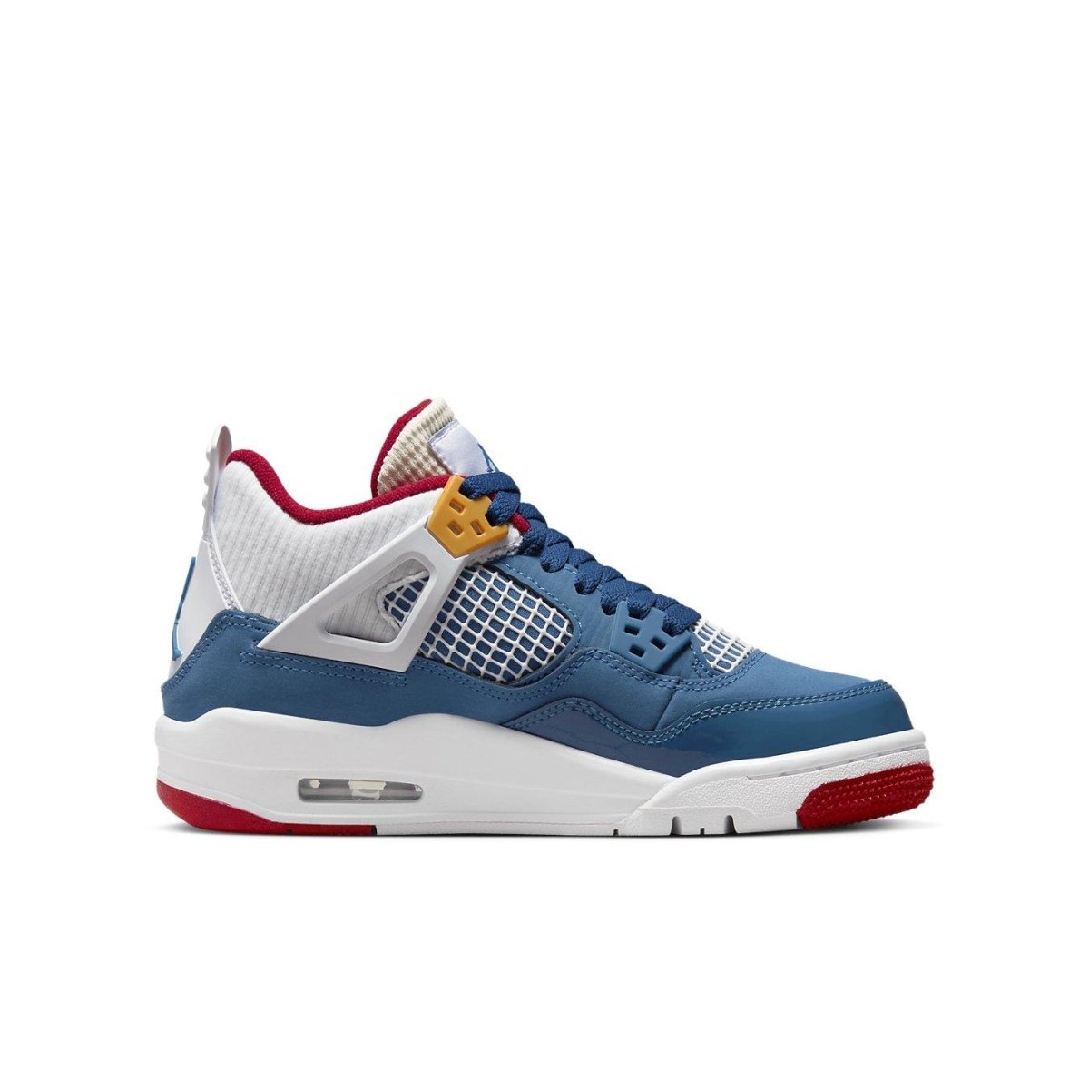 Jordan 4 Retro Messy Room (GS) sneaker featuring blue, red, and white colorway with stylish design.