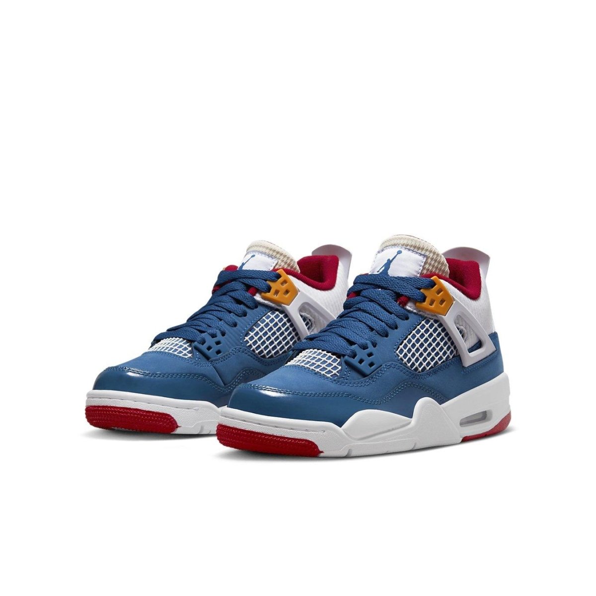 Jordan 4 Retro Messy Room (GS) sneakers featuring blue, red, and white colorway and iconic design details.