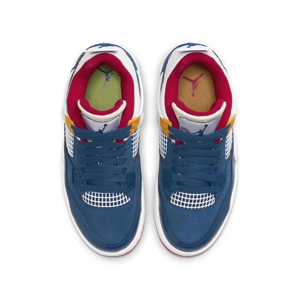 Top view of Jordan 4 Retro Messy Room (GS) sneakers, featuring a blue suede upper with colorful accents.