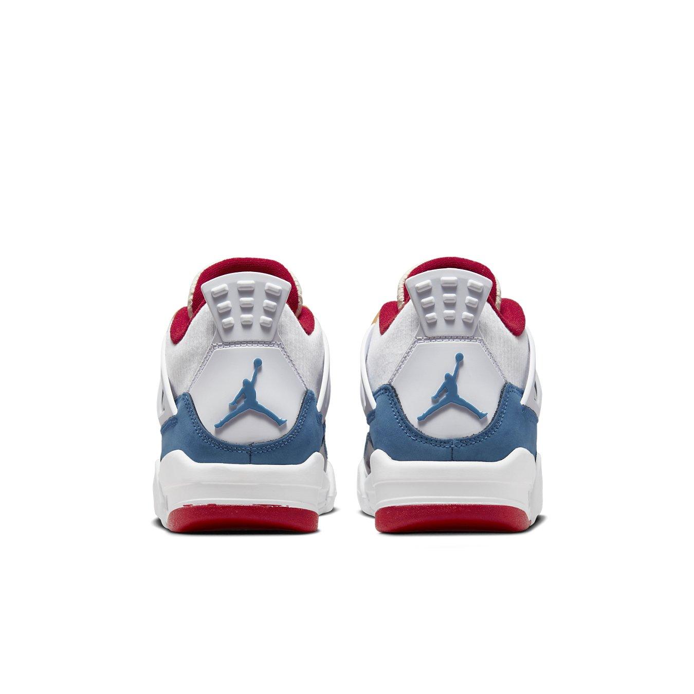 Back view of Jordan 4 Retro Messy Room sneakers in white, blue, and red colorway, showcasing iconic Air Jordan details.