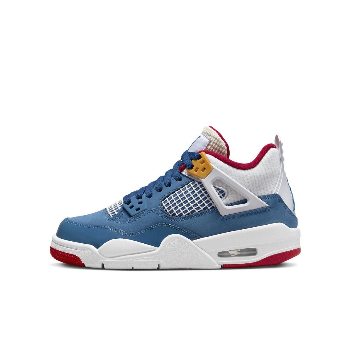 Jordan 4 Retro Messy Room GS sneakers in blue, red, and white, featuring unique design elements and iconic midsole.