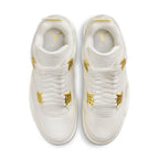 Top view of women's Jordan 4 Retro Metallic Gold sneakers featuring white leather and metallic gold accents.