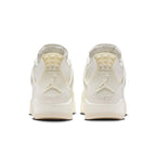 Back view of Air Jordan 4 Retro Metallic Gold women's sneakers showcasing sleek ivory leather and iconic Jumpman logo.