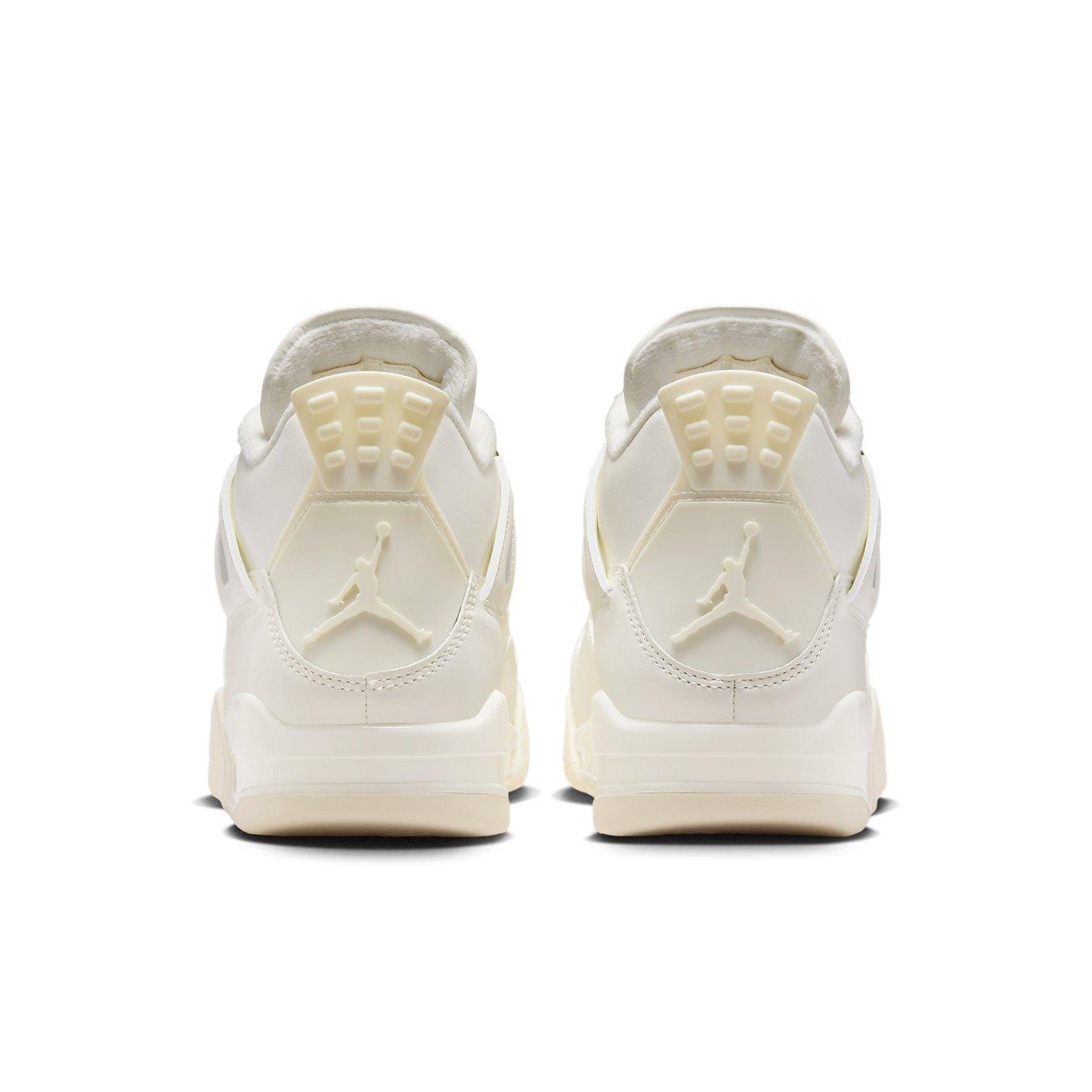 Back view of Air Jordan 4 Retro Metallic Gold women's sneakers showcasing sleek ivory leather and iconic Jumpman logo.