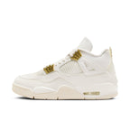 Air Jordan 4 Retro Metallic Gold women's sneaker featuring ivory leather and metallic gold accents.