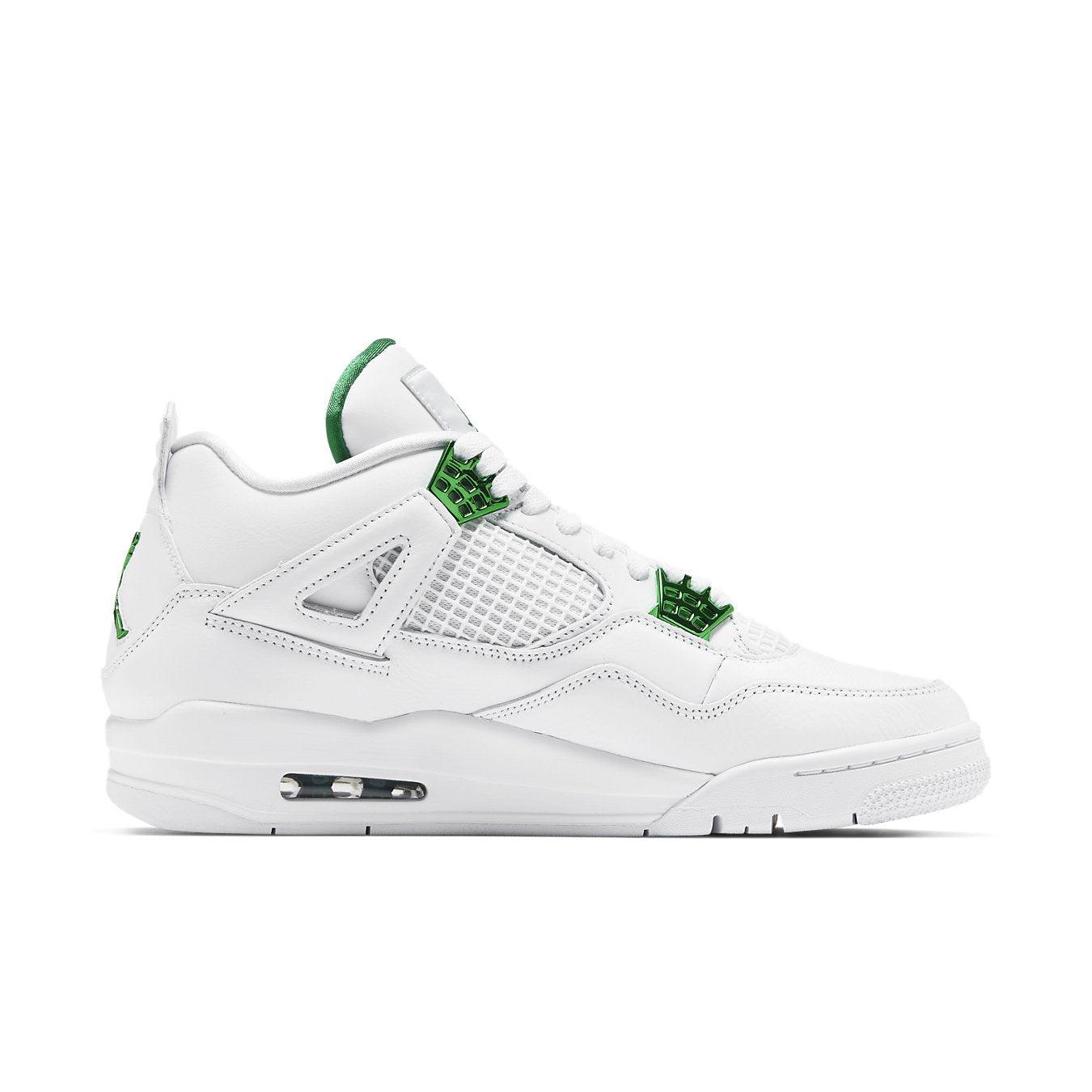 Air Jordan 4 Retro Metallic Green sneaker featuring white leather with green metallic accents.