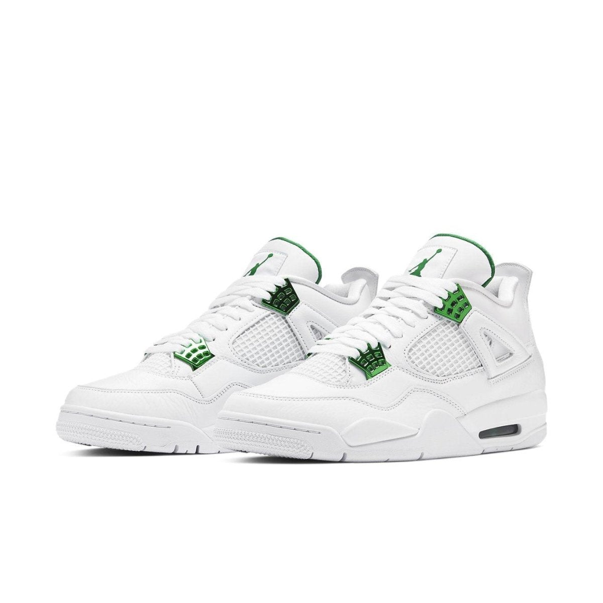 Air Jordan 4 Retro Green Metallic sneakers featuring green accents and a white design.