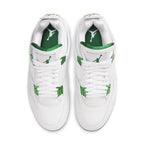 Air Jordan 4 Retro Metallic Green sneakers showcasing iconic design with green accents on a white background.